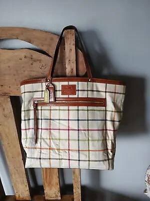 Coach Large Plaid Tote Bag 11481 Tattersall Brown Leather Trim • $30