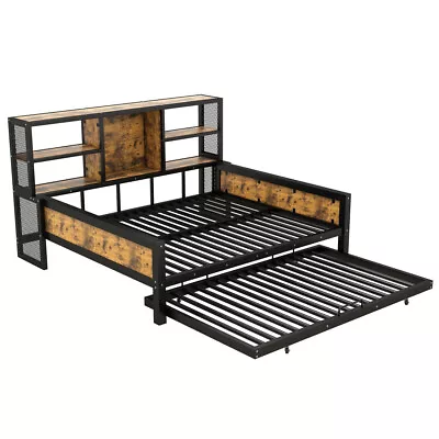 Metal Full Size Daybed With 3 Open Storage Shelves On The Side Of The Daybed • $318.49