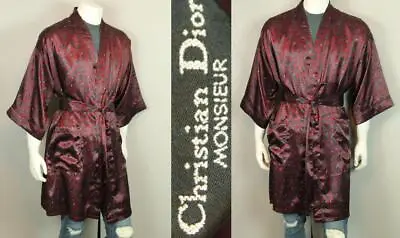 Vtg CHRISTIAN DIOR Monsieur Burgundy Satin Robe Smoking Coat Gown Lounging OS • $65