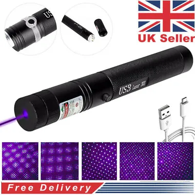 USB Rechargeable Purple Laser Pointer Pen Lazer Visible Beam Light 405nm • £6.58