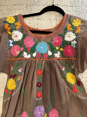 Vintage Brown Embroidered Mexican Dress Handmade In Mexico Size Small Boho • $39.99