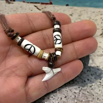 Real Tiger Fósil Shark Tooth Pendant Surfer Necklace For Men | Wood Beads • $14.95