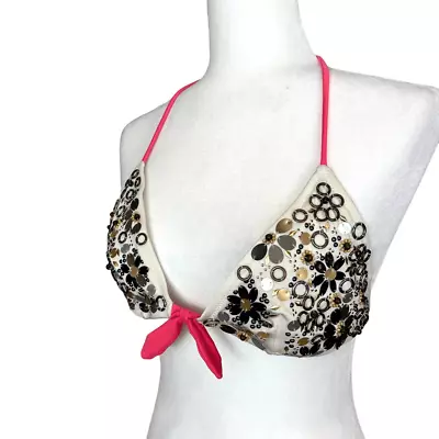 Victoria's Secret Y2K Triangle Tie Bikini Top Large Beaded Boho Embellished Swim • $22.40