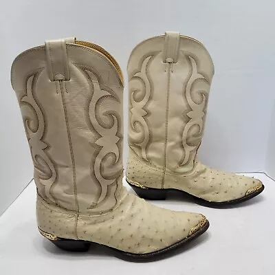 VTG Nocona Cream Full Ostrich Cowboy Boots Mens Size 11D Gold Metal Toe & Heels • $120