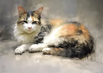 £4.99 • Buy  Feline Repose  - Tabby Cat Sitting, Captivating Oil Painting Print 5 X7 