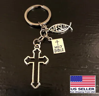 $6.19 • Buy Hollow Cross Jesus Fish Christian Holy Bible Charms Keychain Gift Key Chain Ring
