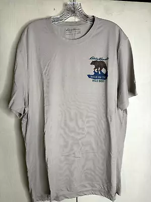 Eddie Bauer Shirt Mens XL Tan SS Crew Front And Back Graphic Bear Sunset • $9.95