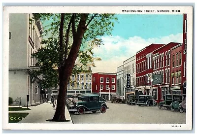 C1920 Washington Street Classic Cars Exterior Building Monroe Michigan Postcard • $9.98