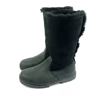 UGG Shearling Boots 6 Black Fur Pull On Foldover Winter Shoes Vintage Rare NEW • $99.95
