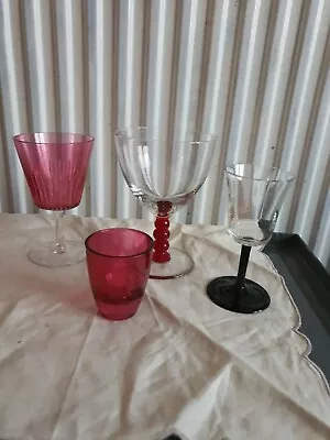  4 Vintage Glasses Cranberry Coloured Glass Etc • £7