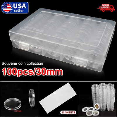 100Pcs 30mm Coin Capsule Container Storage Box Holder Case Clear Round Plastic • $9.95