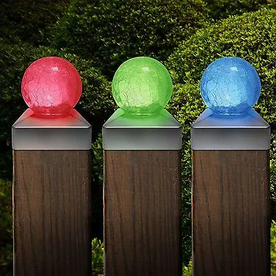 Solar Led Crackle Glass Ball Post Garden Deck Cap Light Square Outdoor Lights • £49.95