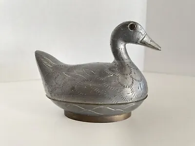 Vintage Pewter Duck Engraved Feathers Brass Trim Trinket Box Made In Hong Kong • $14.95
