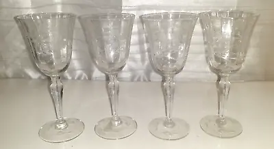 Vintage Etched Crystal Wine/Water Glasses  Set Of 4 Unknown Maker • $24.99