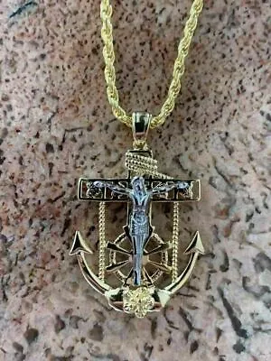 Men's 14k Gold Plated Solid 925 Silver Jesus Crucifix & Anchor Piece Rope Chain • $51.19