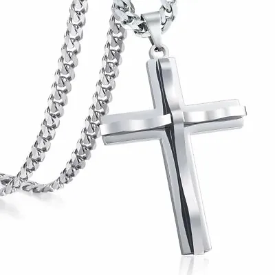 Stainless Steel Cross Necklace Pendant Curb Chain Silver 22 Inch Men Unisex Xmas • $11.99