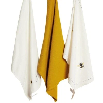 £10.95 • Buy M&S Pure Cotton Bee Tea Towels | Pack Of 3 | Yellow Mix | Brand New