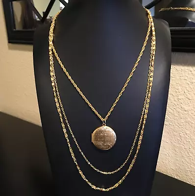 Vintage Round Locket Pendant Necklace Gold Tone 3 Chains 24  • $17.99