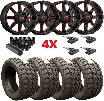 24x14 Black Red Wheels Rims 33 12.50 24 Tires Mt Sierra Silverado Ram Xd Moto • $2995