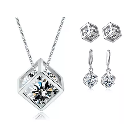 £3.97 • Buy 925 Sterling Silver Cube Pendant Necklace Stud Hook Earrings Womens Jewellery UK