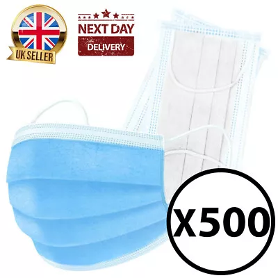 500 Pack Face Mask Protective Covering Mouth Masks Disposable 3ply Ear Loop Ppe • £134.99