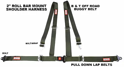 Off Road 4 Point Seat Belt Harness Pull Down Belts Roll Bar Mount Military Green • $39.95