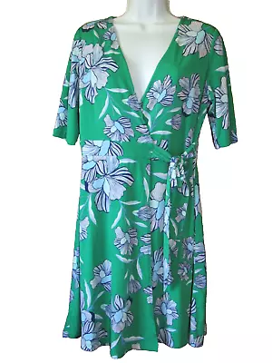 VINCE CAMUTO Size 8 Green Floral V-Neck Faux Wrap Stretch A-Line Mini Dress • $31.59