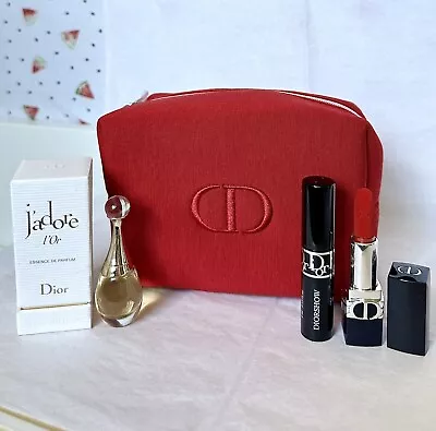 4PC DIOR Jadore L'or Essence De Parfum/Lipstick 999/Diorshow Mascara & Red Pouch • $49.99