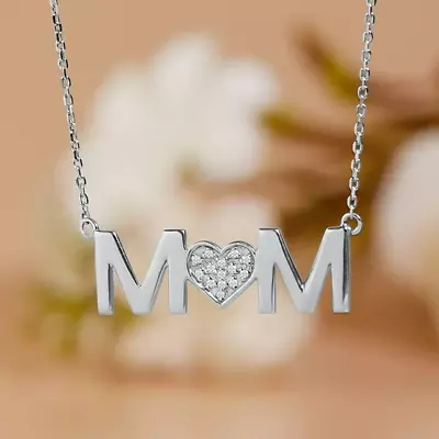 MOM Moissanite Pendant Necklace In 18K White Gold Over Silver • $49.99