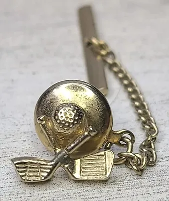 Swank Tie Tack Lapel Pin Golf Clubs Ball Chain Gold Tone Vintage Golfing • $11.95