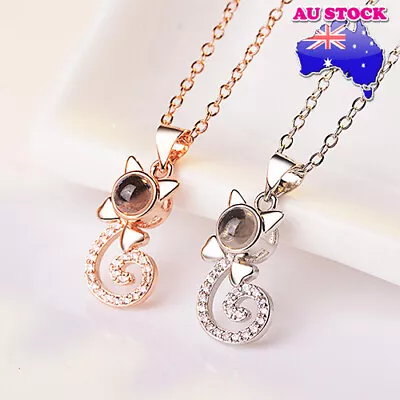 Classic 18K Gold Plated Crystal I LOVE YOU In 100 Languages Cat Pendant Necklace • $9.96