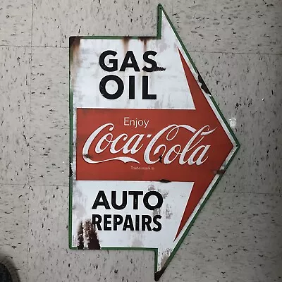 Coca Cola Gas Oil Auto Repairs Metal Sign Arrow Coke Vintage Style Button Garage • $29.95