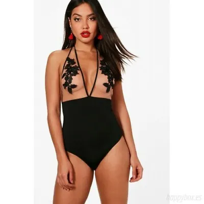 Boohoo Alex Applique Mesh Rope Back Bodysuit Size 6/8 Uk BNWT RRP £19.99 Black • £7.99