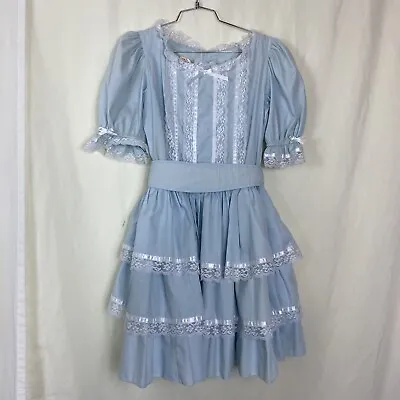 Square Dance DRESS Jeri Bee Baby Blue White Lace Size 4 Self Tie Sash Belt • $79