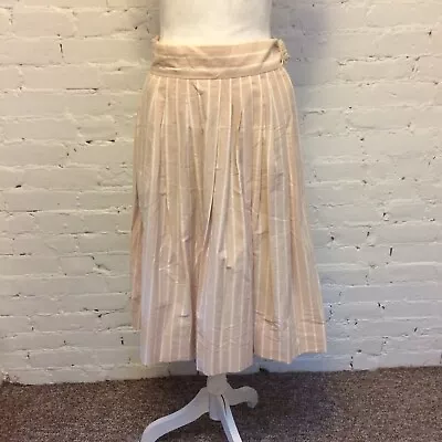 Perry Ellis Vintage 80s Pleated Wide Waist Cotton Midi Skirt Pink Stripe 6 • $75