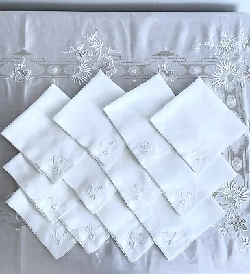 Madeira White Linen Tablecloth 12 Napkins Embroidered Lace Mums Grapes 102 X 70 • $275