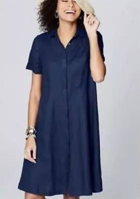 J. Jill Love Linen Petite Large Short Sleeve Shirt Dress Navy Blue Pockets • $34.99