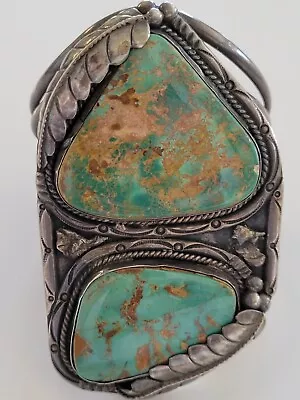 Big RARE Old PAWN Vintage NAVAJO ROYSTON HUGE 2 Turquoise Slab Cuff Bracelet • $2475