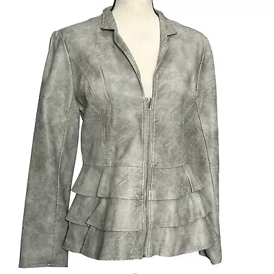 V Cristina Jacket M Gray Ruffle Hem Faux Leather • $39.95