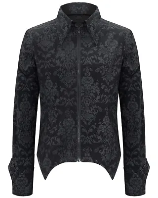 Devil Fashion Mens Gothic Punk Zip Up Shirt Top Black Grey VTG Victorian Damask • £35.50