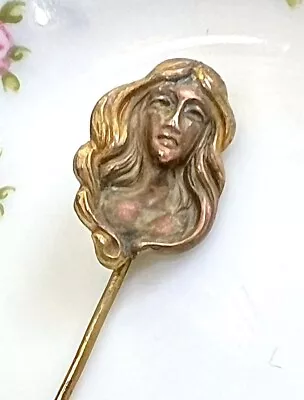 Antique Victorian Art Nouveau Sterling Gold Vermeil Emboss Cameo 2.25” Stick Pin • $45