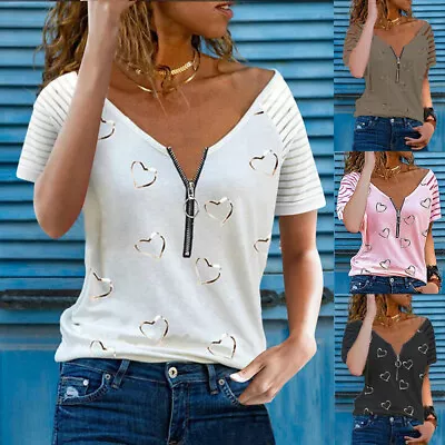 Womens Zip Up V Neck Tops Short Sleeve T-Shirt Summer Casual Loose Blouse Tee • £6.29