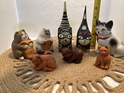 Vintage Hand Painted 5-1/2  Tall Wooden Cats Clay Cat Shakers Figurine Lot (8 • $25.49