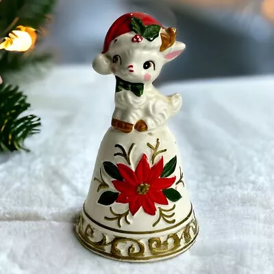 Vintage Napco Lamb In Santa Hat Poinsettia Christmas Bell Porcelain Bone China • $14.99