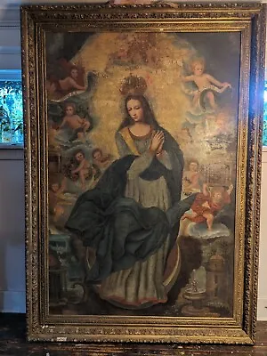 Monumental Spanish Colonial Oil Painting Virgin Mary  Spain!  90  Tall By 69  L • $17500