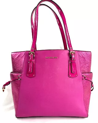 Michael Kors Voyager Pink Leather Large Tote Shoulder Bag Glitter Sides Brass • $65.13