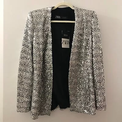 Glamorous Women's Blazer Silver Sequin Embellished Wedding Party Cocktail Size L • $67.99