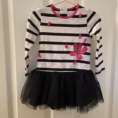 Catimini Black Striped Tulle Pink Floral Applique Dress Long Sleeve Girls Size 2 • $19.99