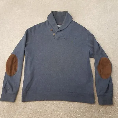 Polo Ralph Lauren Mens Jumper Large Blue 1/4 Button Sweatshirt Shawl Elbow Patch • £32.99