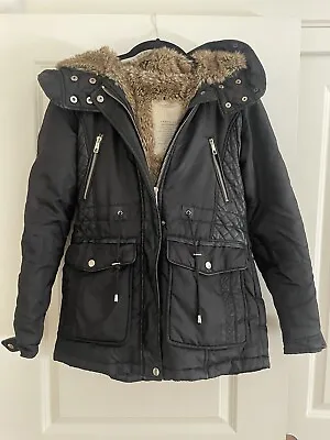 $40 • Buy ZARA Trafaluc Black Hooded Winter Coat- Faux Fur Lined- Size Small